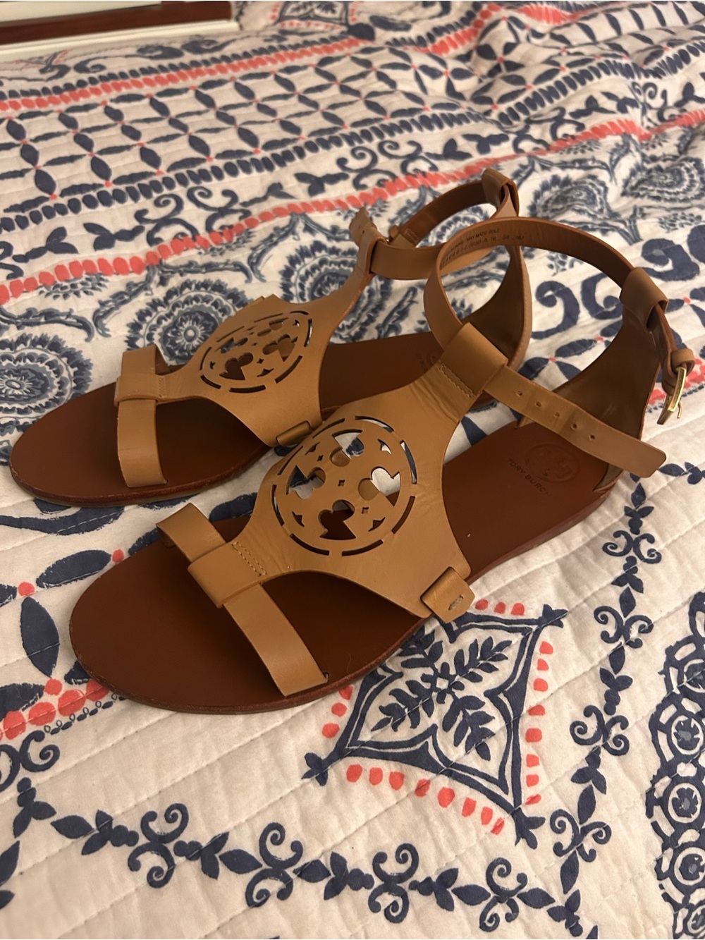 Tory Burch Cognac Leather Logo Cutout T-Strap Sandals